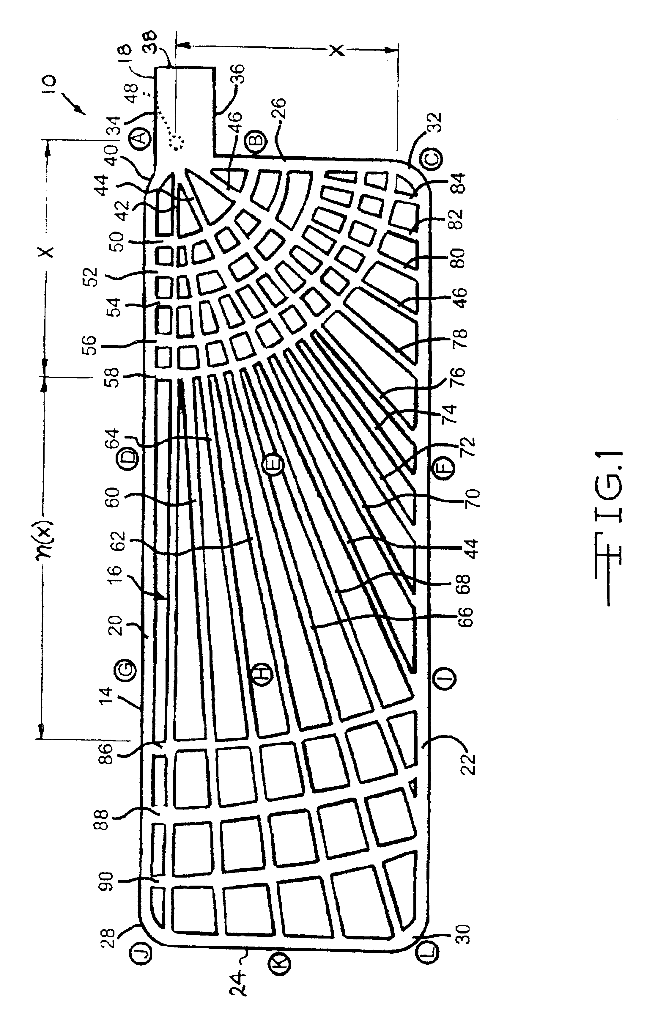 Current collector having non-symmetric grid pattern converging at a common focal point