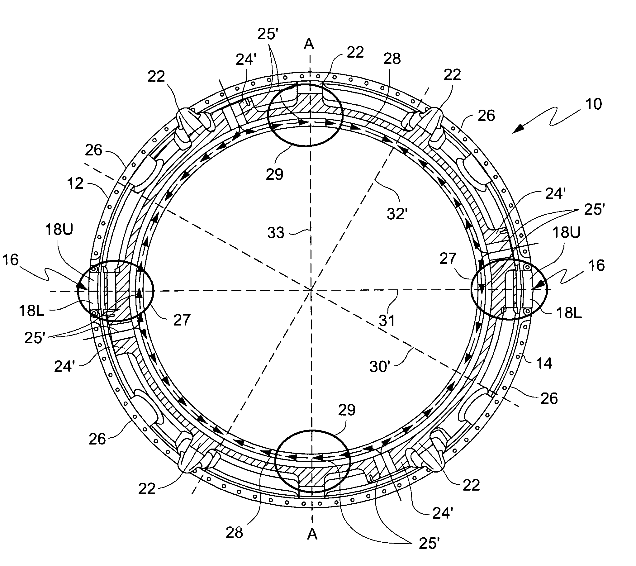 Asymmetrical gas turbine cooling port locations