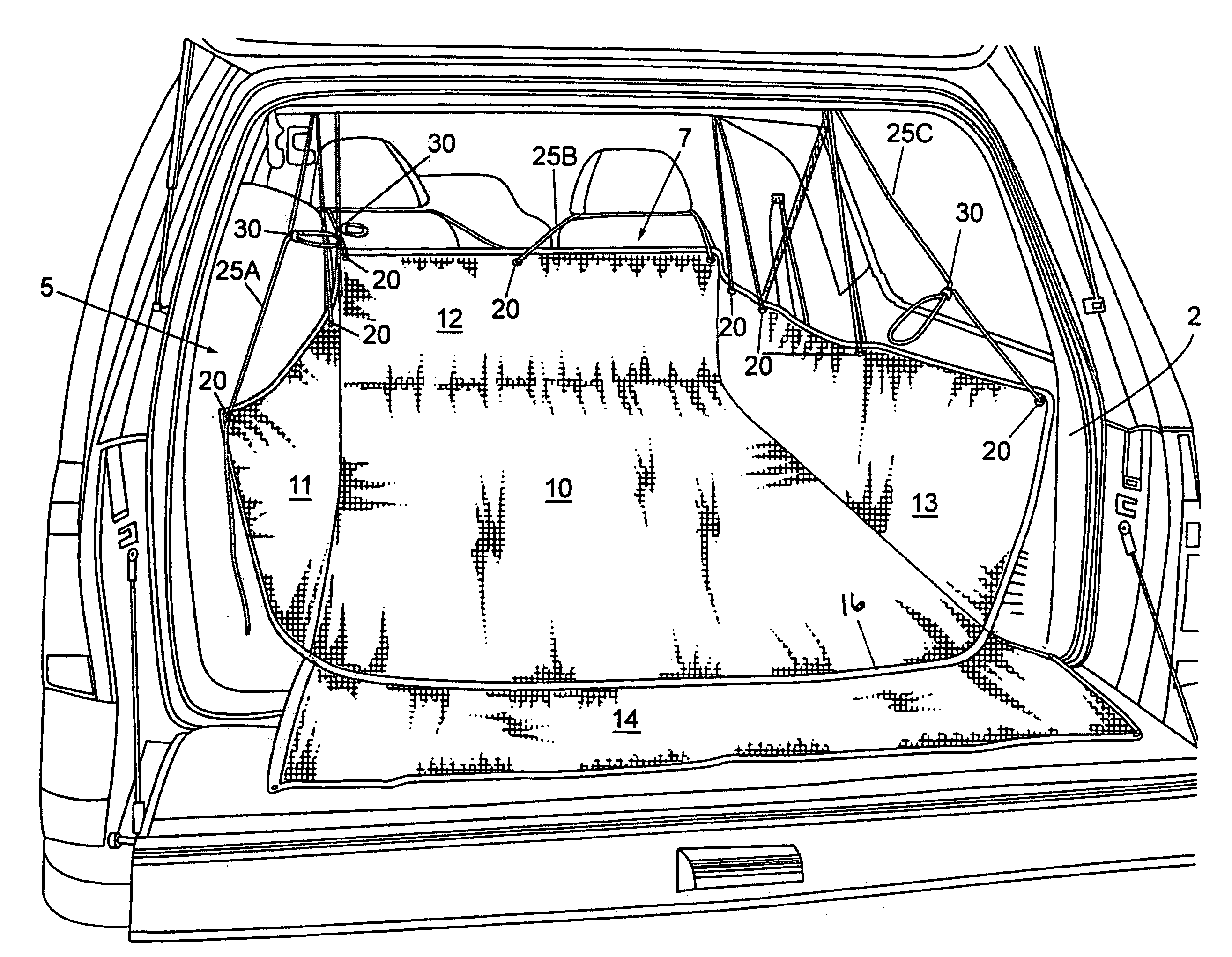 Flexible adjustable cargo area liner for station wagons, minivans and sport utility vehicles