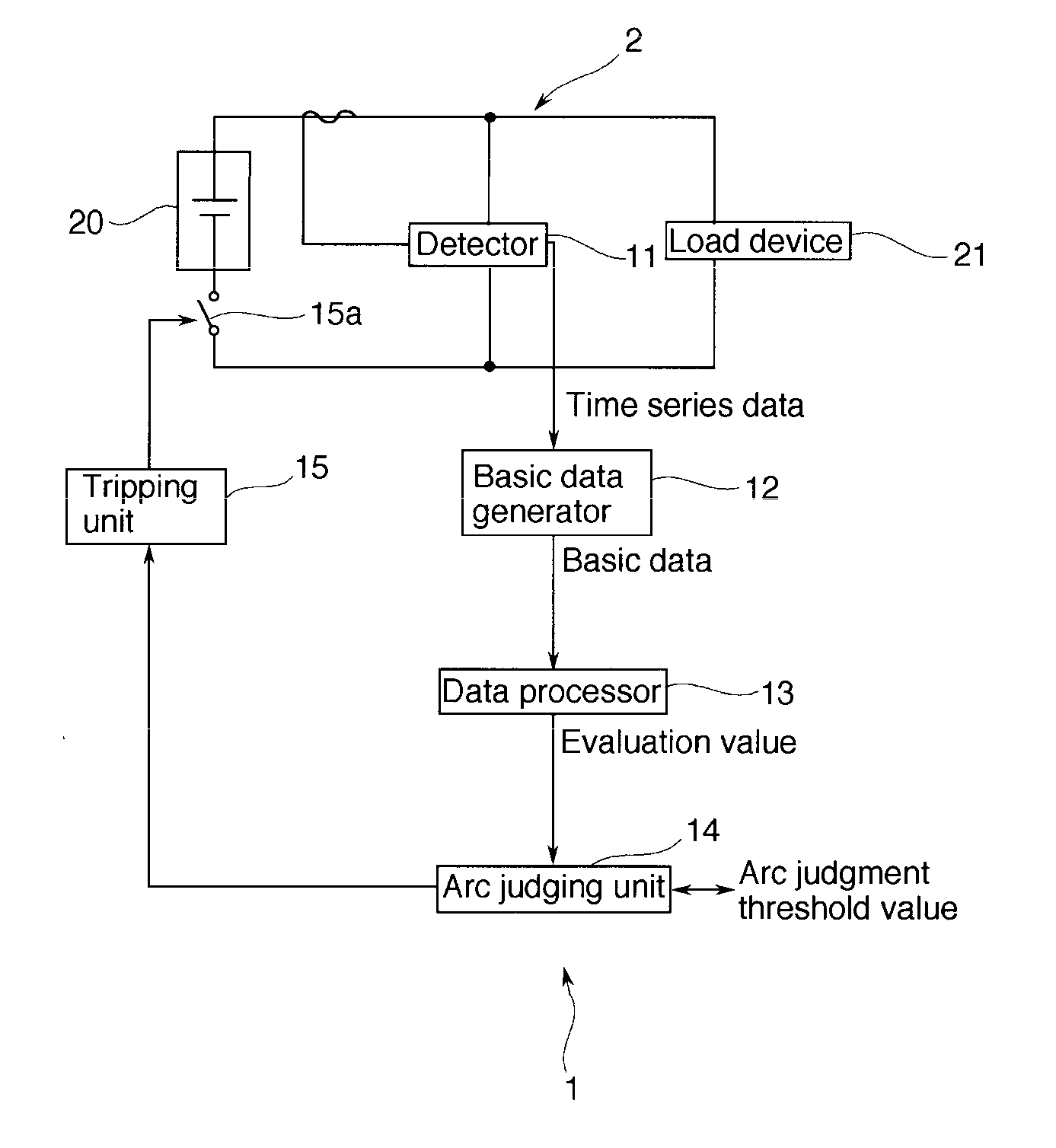 Arc detecting device and aircraft equipped therewith