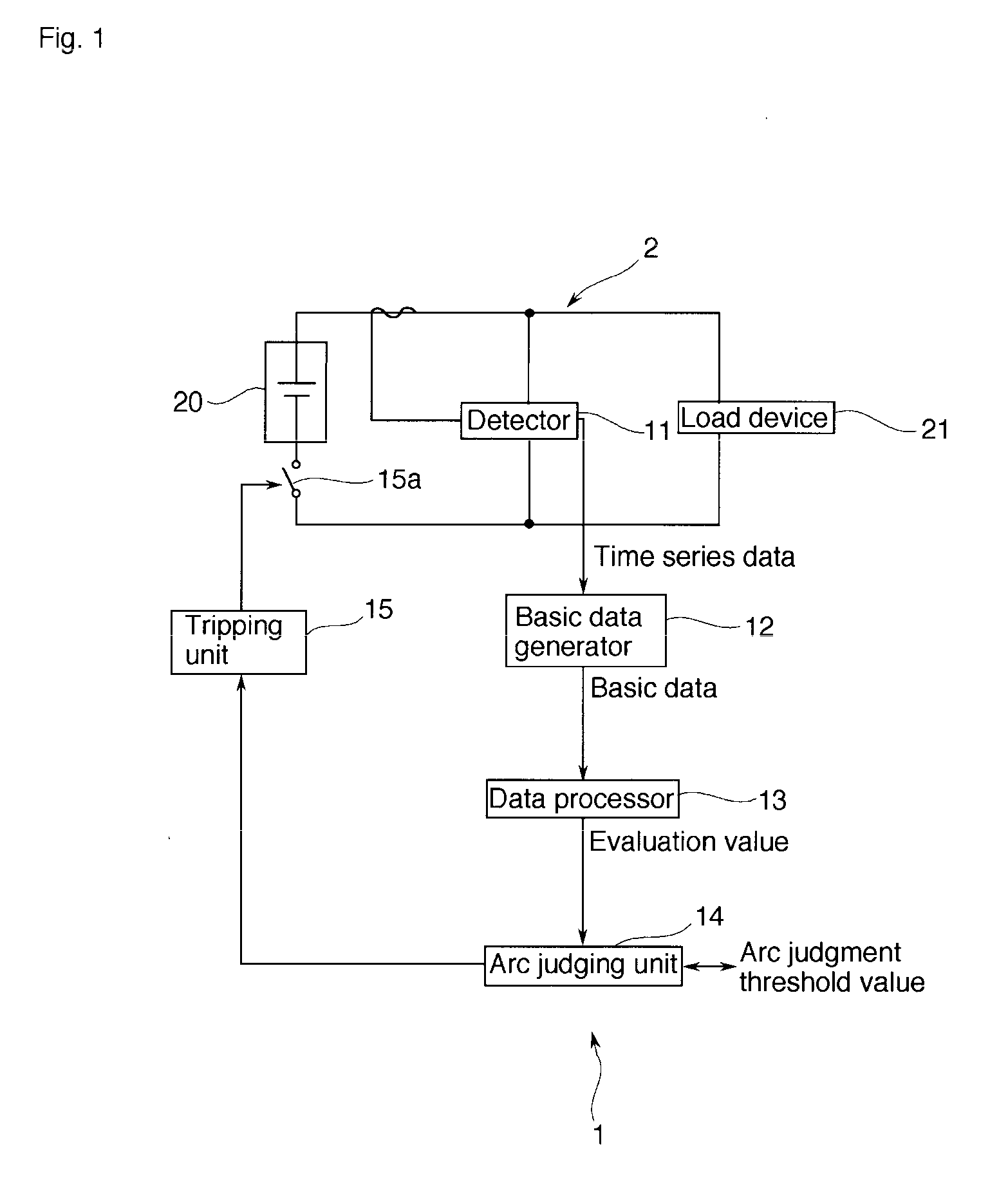 Arc detecting device and aircraft equipped therewith