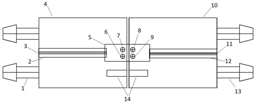 Horizontal test device and method for Seebeck coefficient and conductivity of thermoelectric material