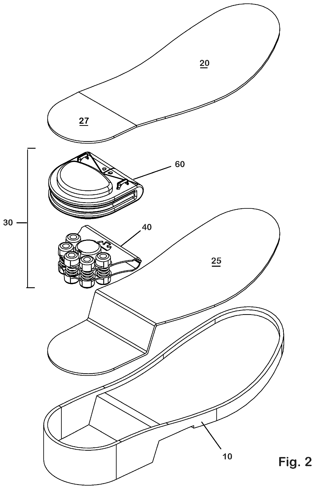 Quick change shock mitigation outsole insert with energy harvester