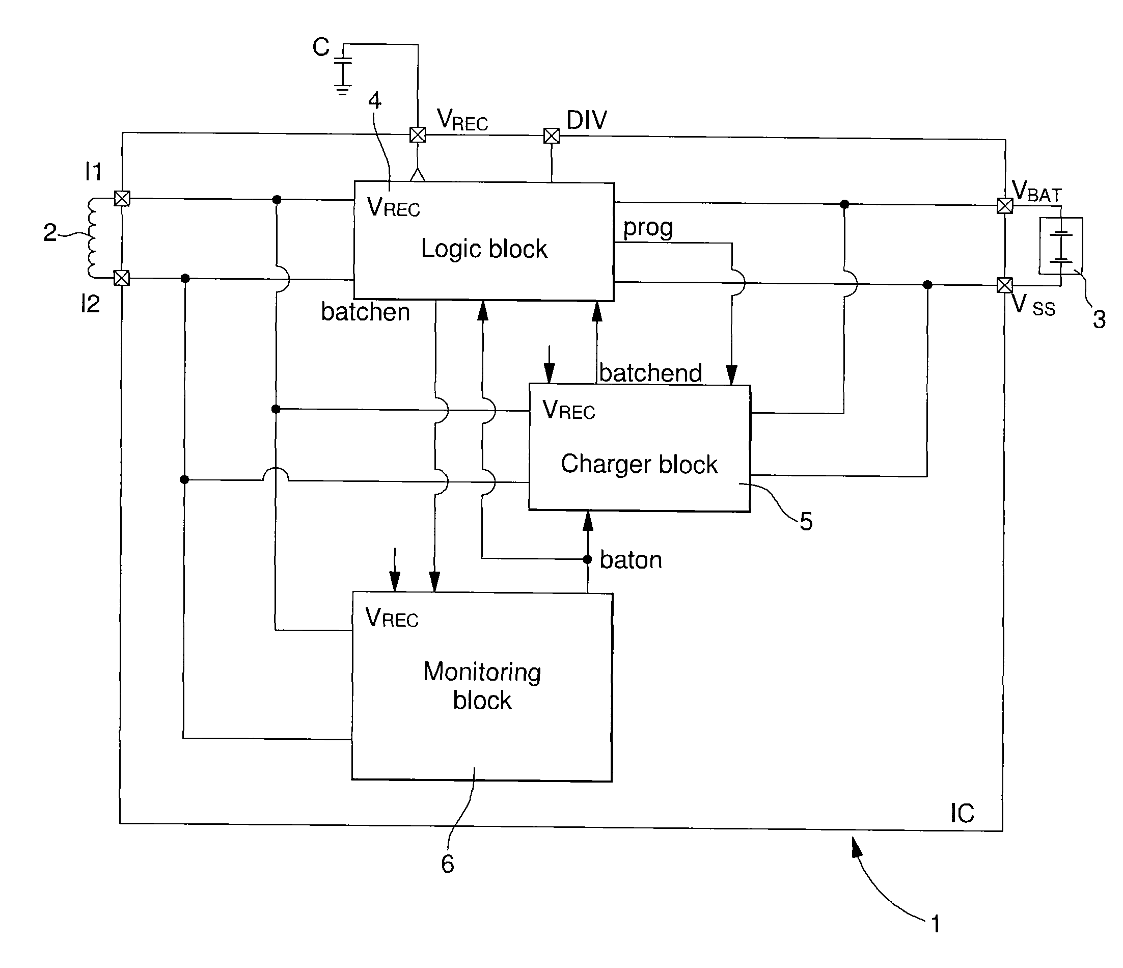 Battery charger operating “all or nothing” with a protective power supply circuit for monolithic integrated circuits using the antenna energy