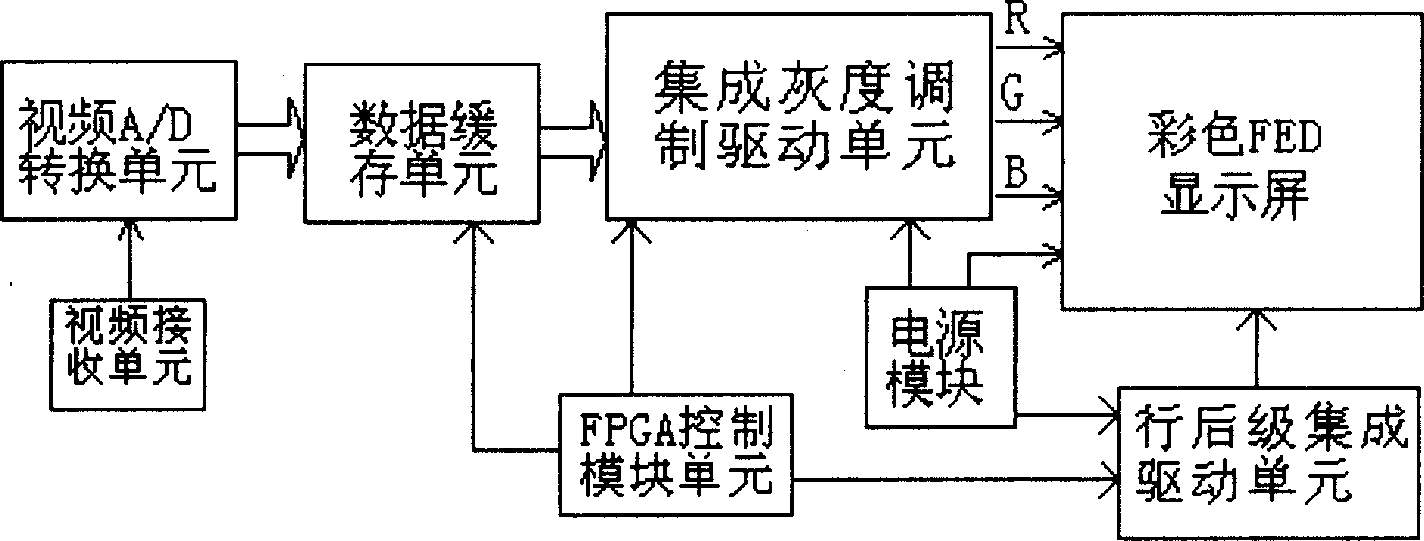 Integrated drive circuit for filed emission display capable of displaying color video frequency image