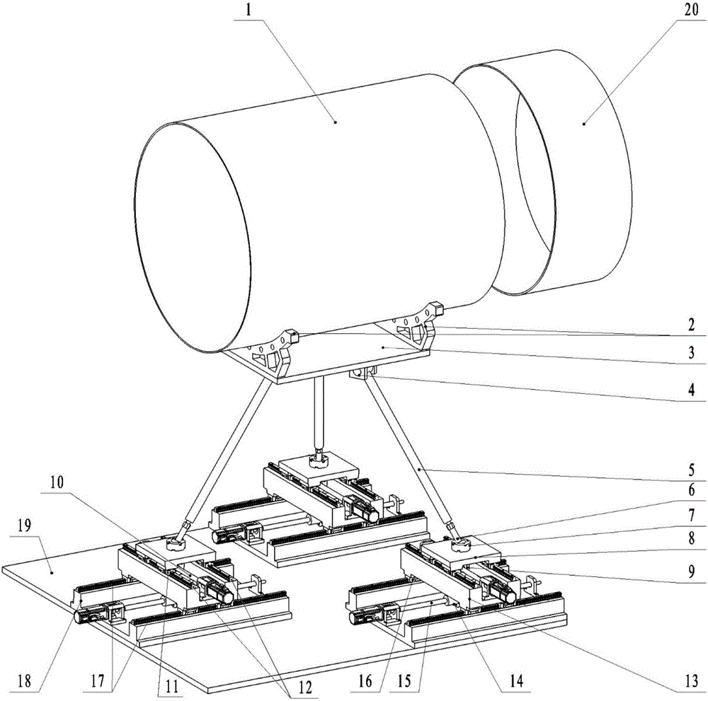 Six-degree-of-freedom location posture adjusting device for automatic assembly of large parts