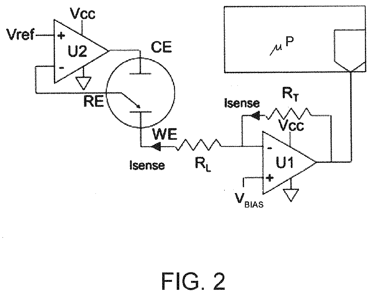 Interface electronic device for reading an output signal and for  controlling and conditioning a three-electrodes amperometric sensor