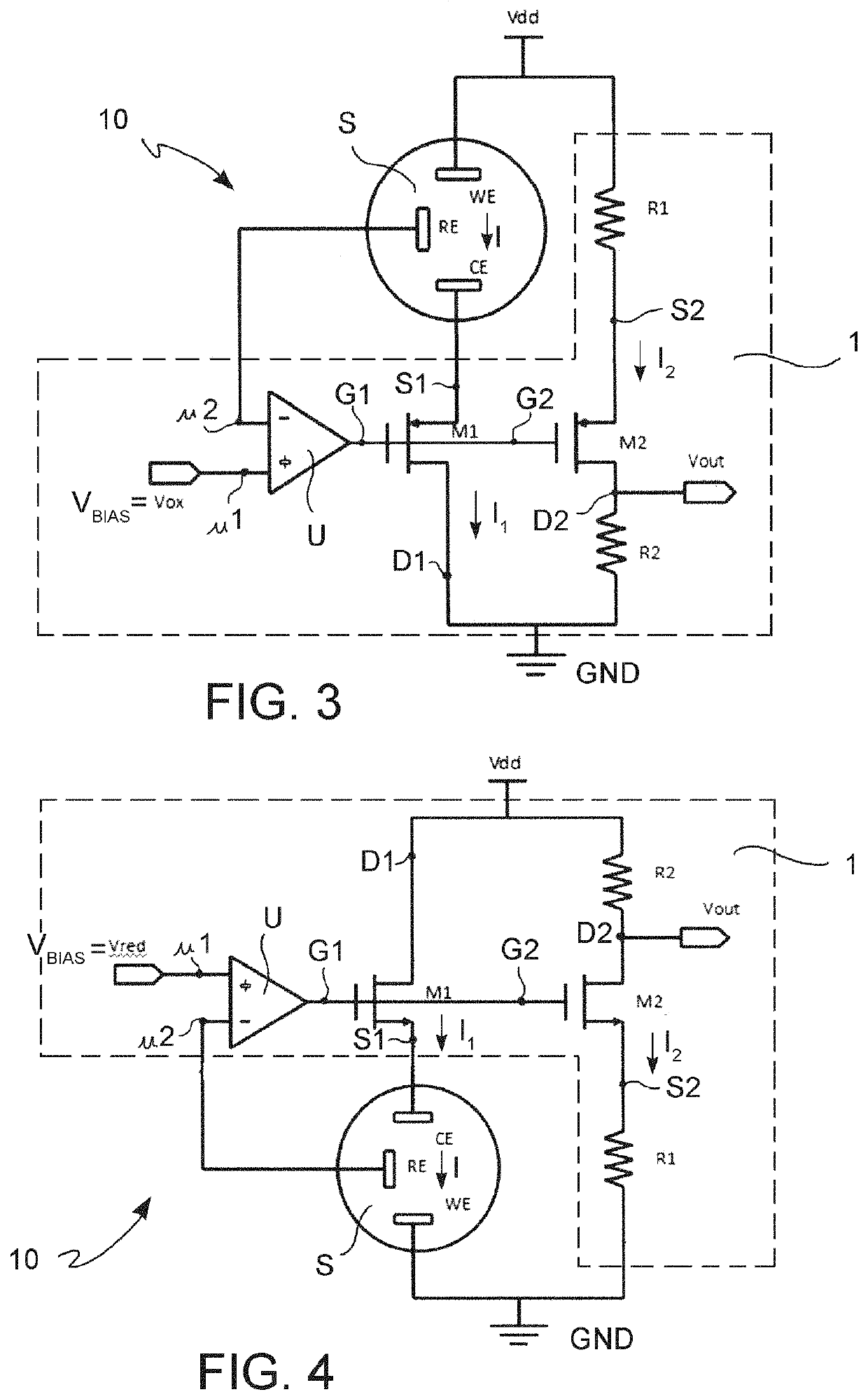 Interface electronic device for reading an output signal and for  controlling and conditioning a three-electrodes amperometric sensor