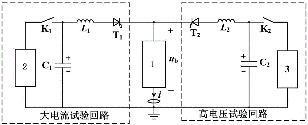 High-voltage heavy-current compound injection DC circuit breaker synthetic test circuit and method