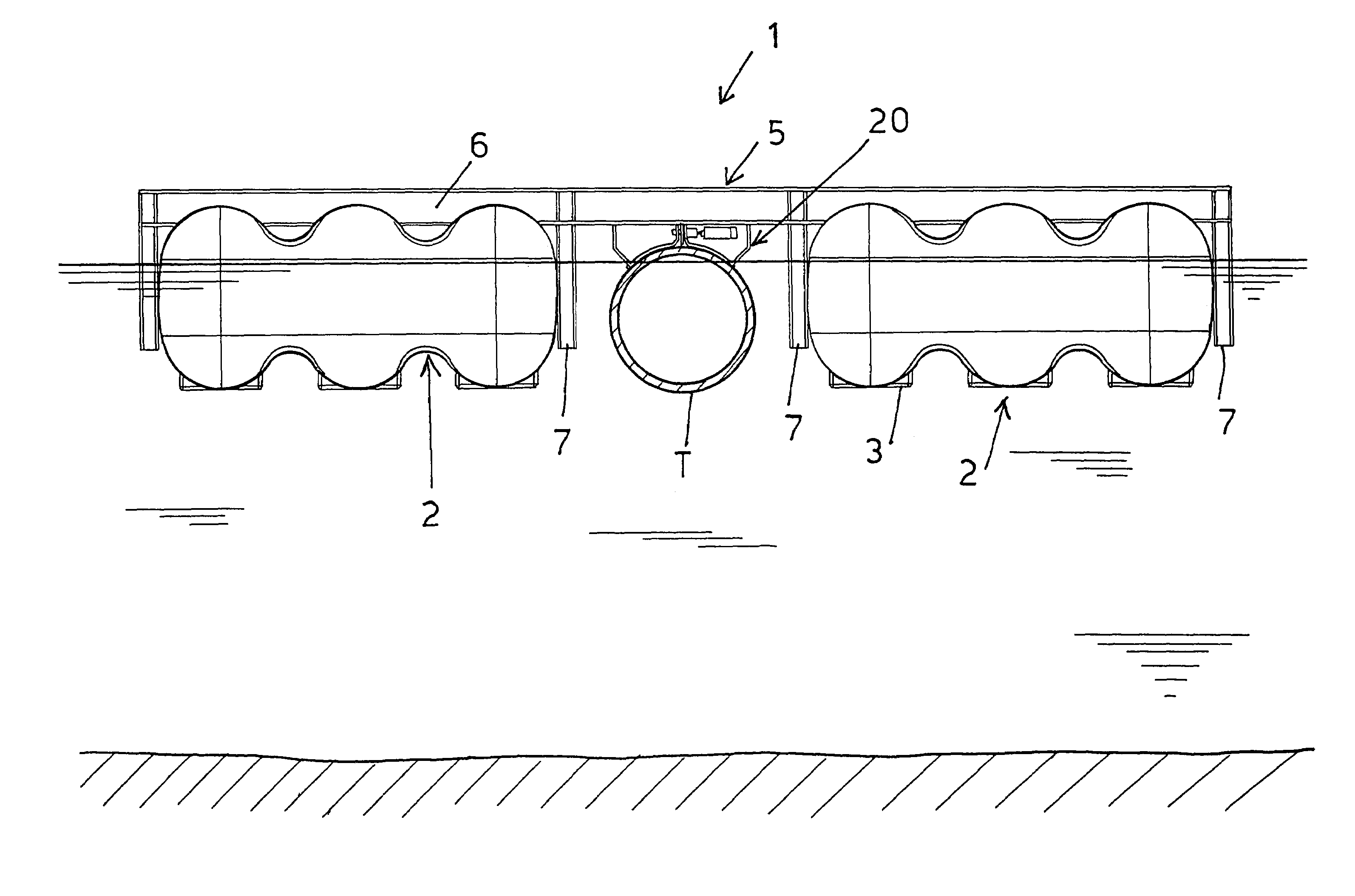 Floating construction for launching pipelines even in low-depth conditions