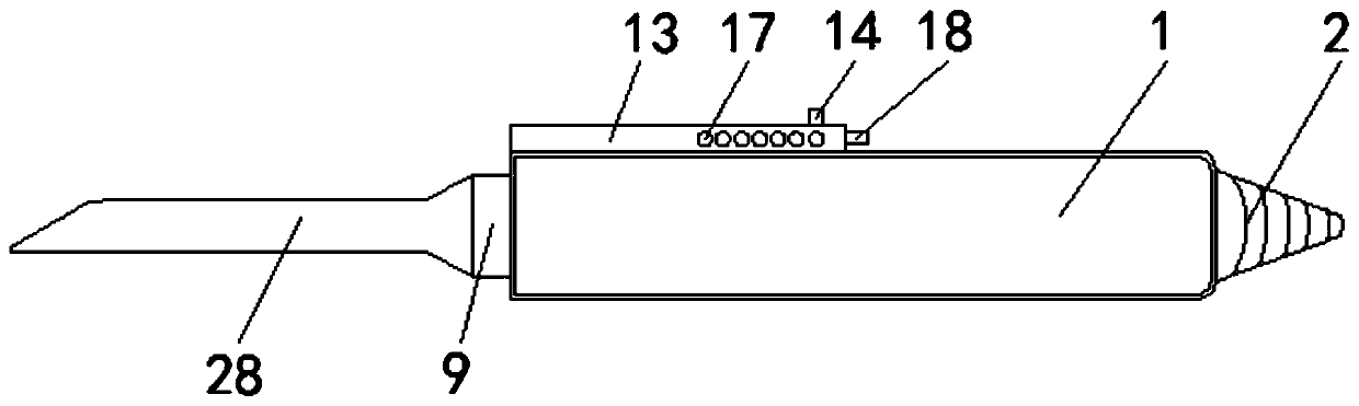 An electric soldering iron device that facilitates the installation of electronic components