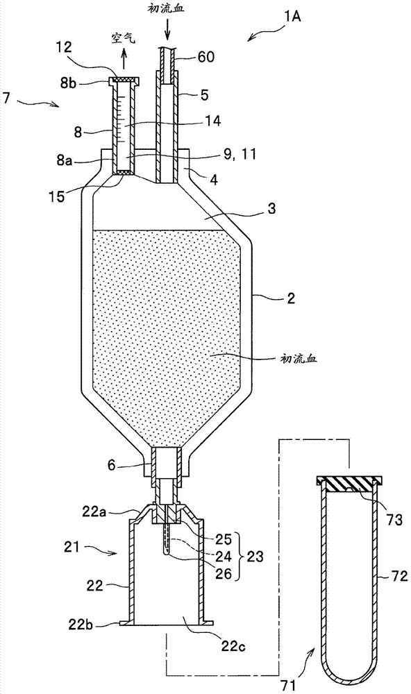 Container for testing blood and blood sampling instrument