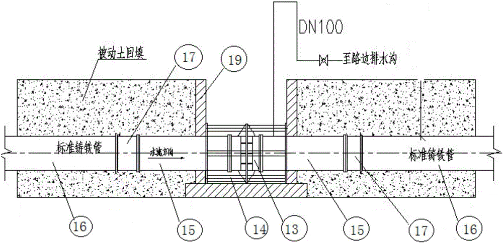 Large-caliber cast iron pipe pressure testing device without backrest, and large-caliber cast iron pipe pressure testing method without backrest