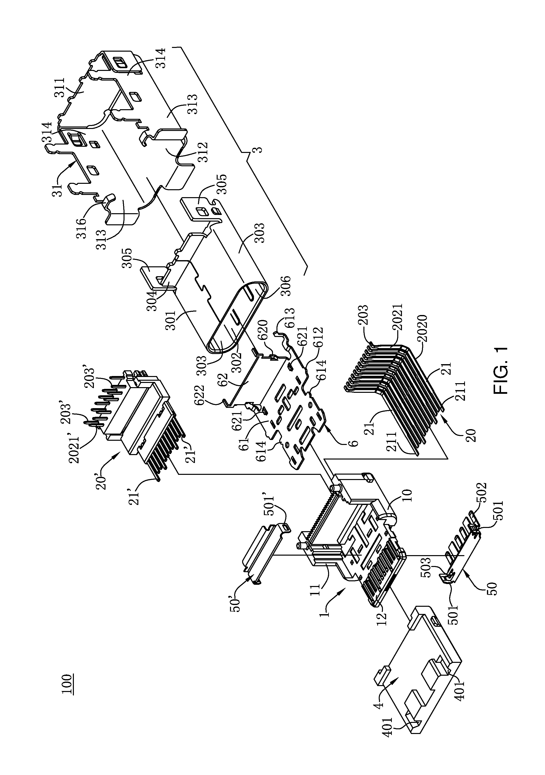 Electrical connector having a ground terminal with contact portions in contact with a shielding sheet