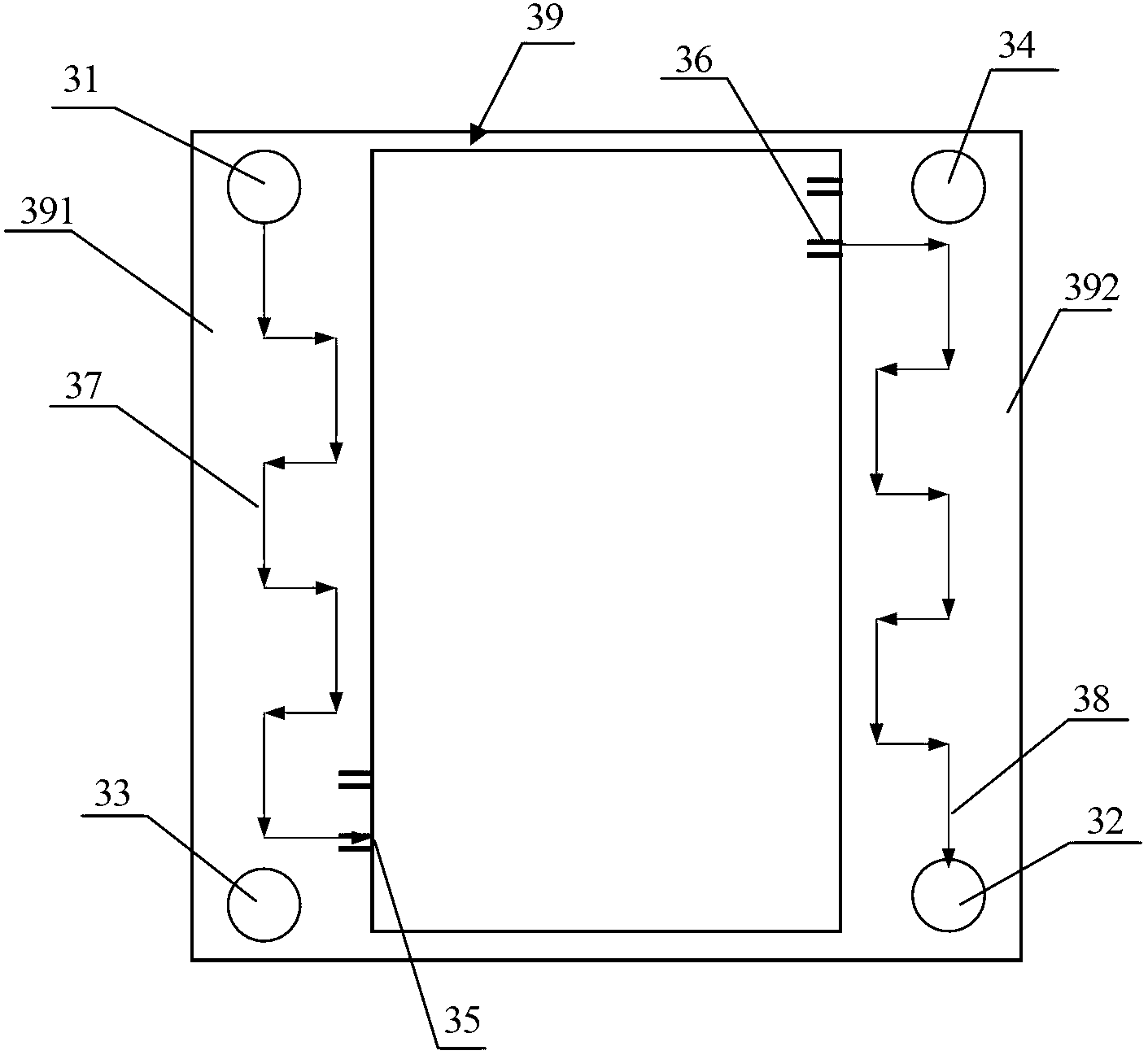 Liquid flow frame device and vanadium cell containing same