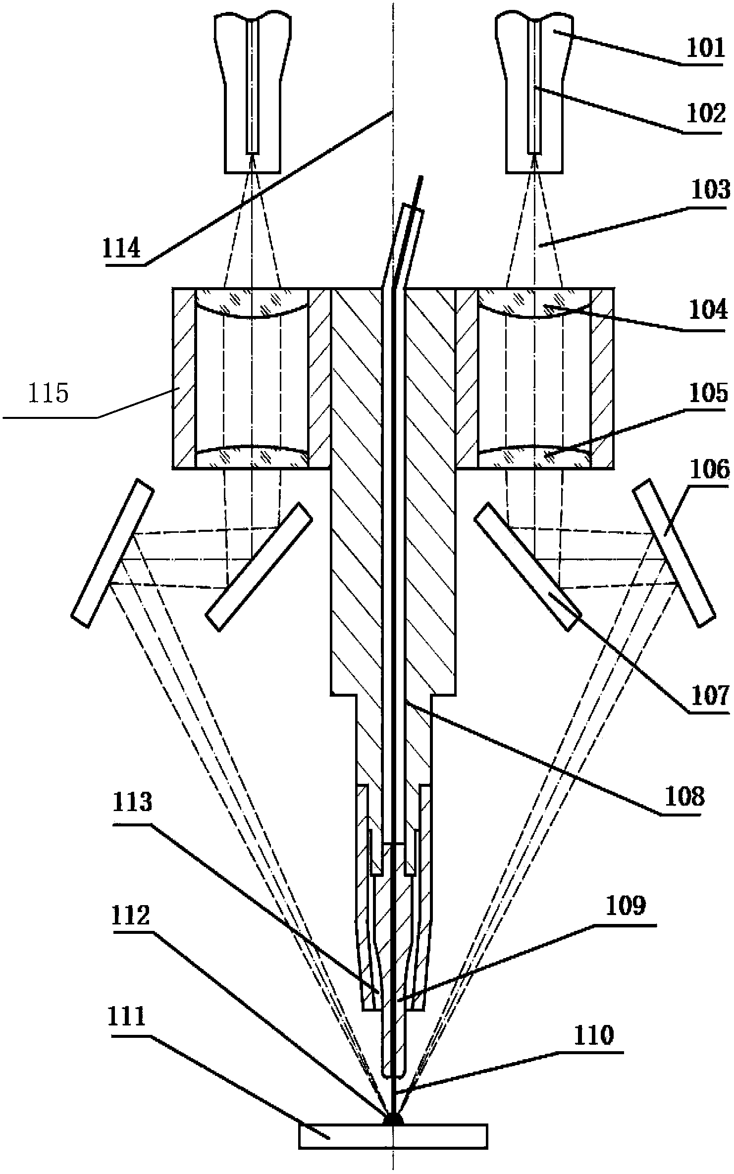 Multi-beam center wire feeding laser processing head and processing method thereof