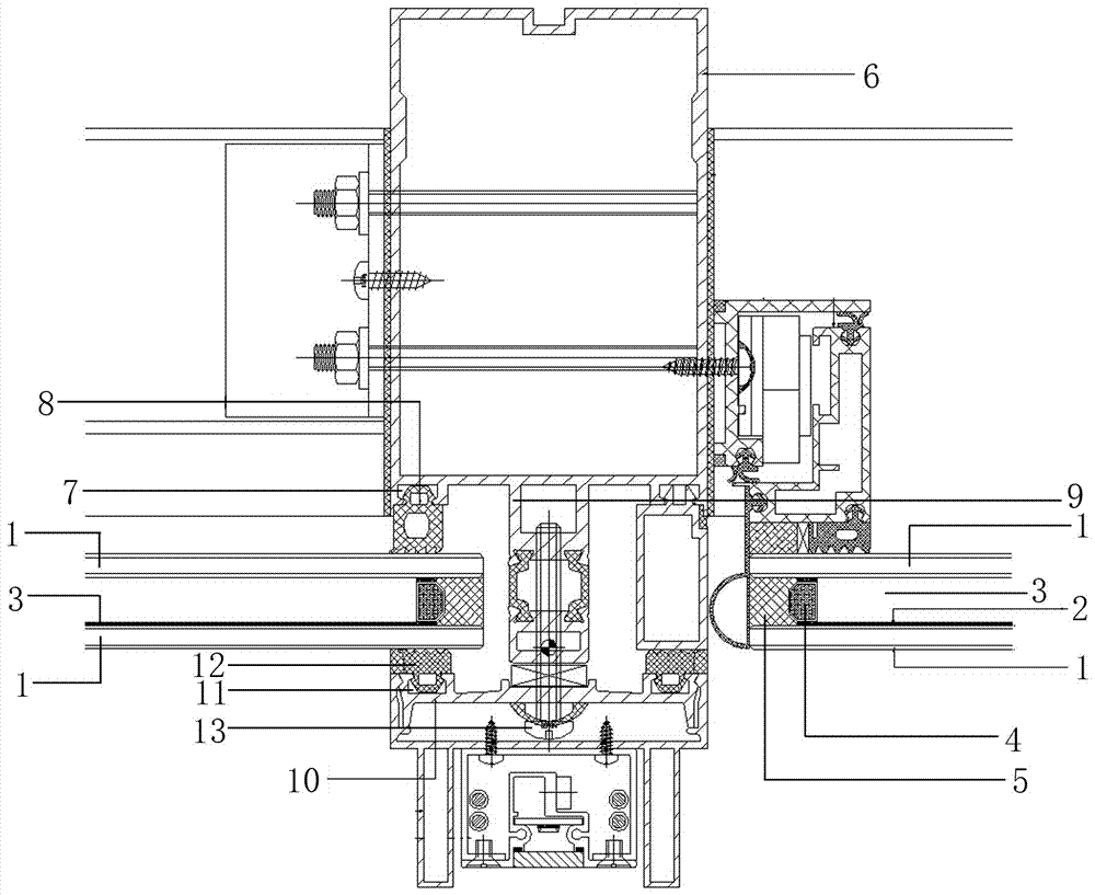 Curtain wall node structure made from low-radiation film-mounted hollow glass instead of laminated hollow glass