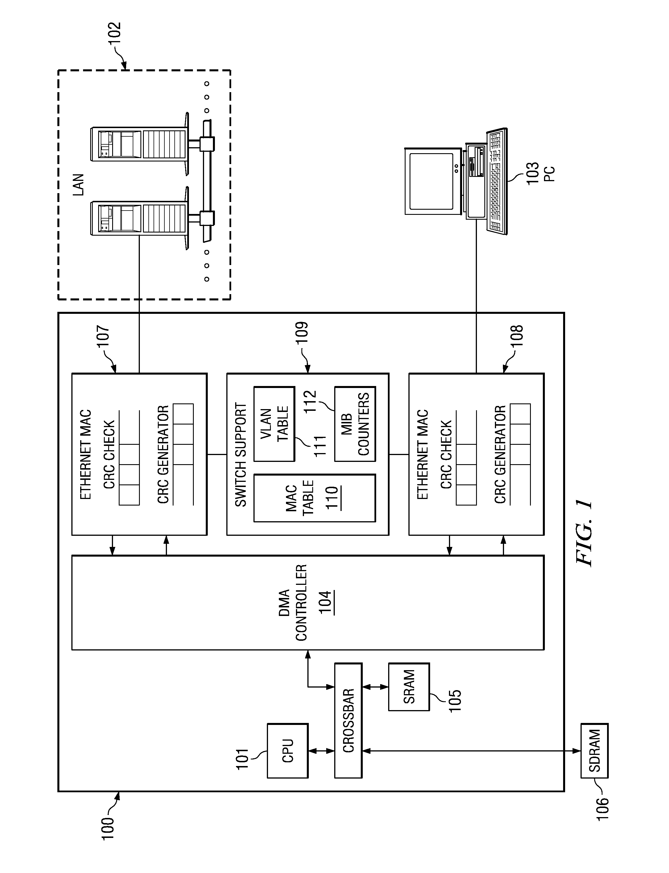 Three-port ethernet switch with external buffer