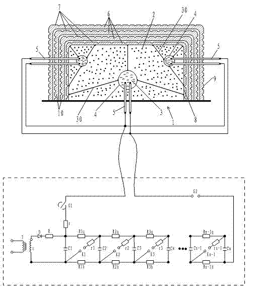 Material-dispersing device with high-energy liquid blast point blasting system and dispersion method