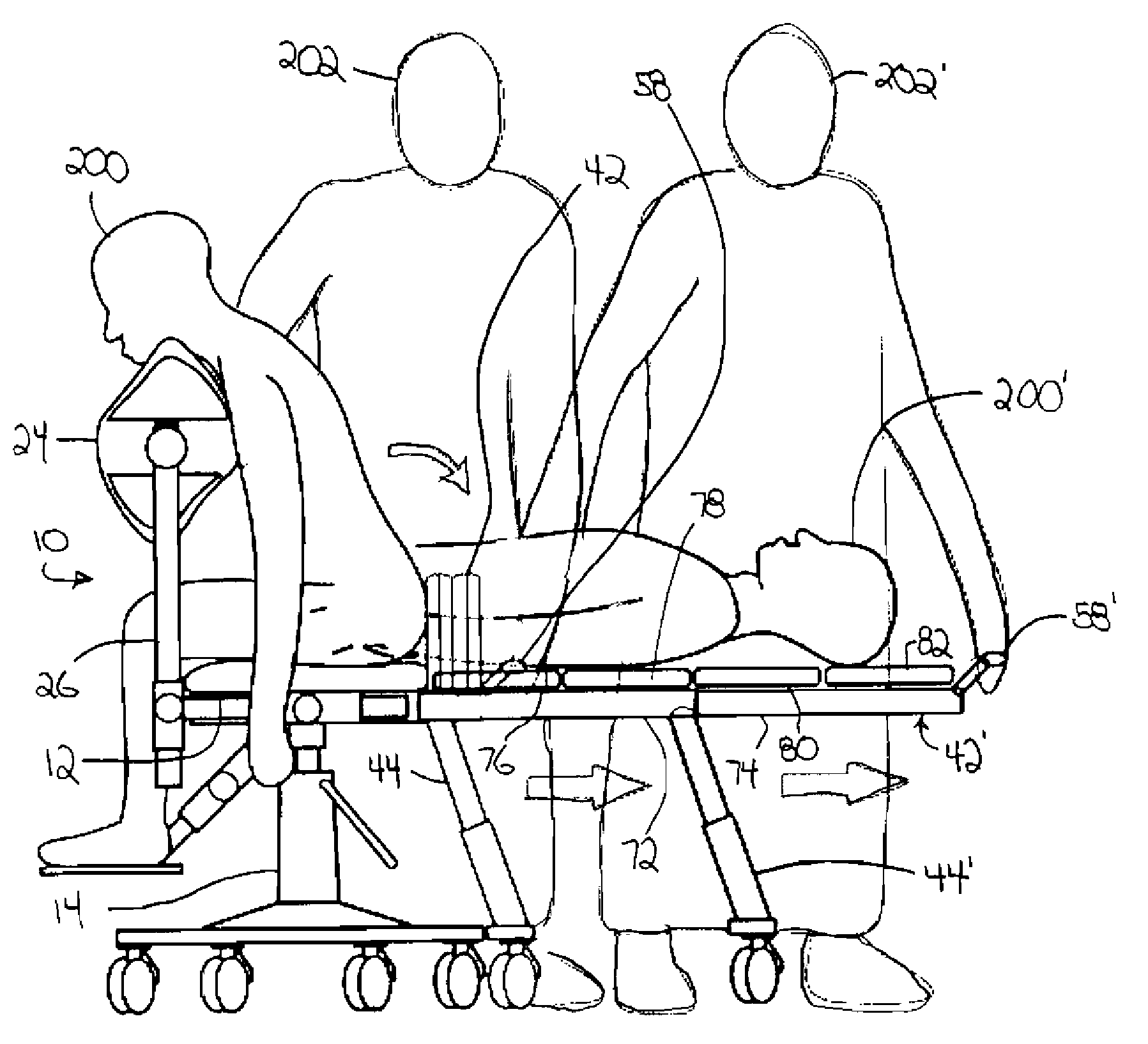 Fluoroscopy chair with radiolucent, adjustable supports convertible to resuscitation table