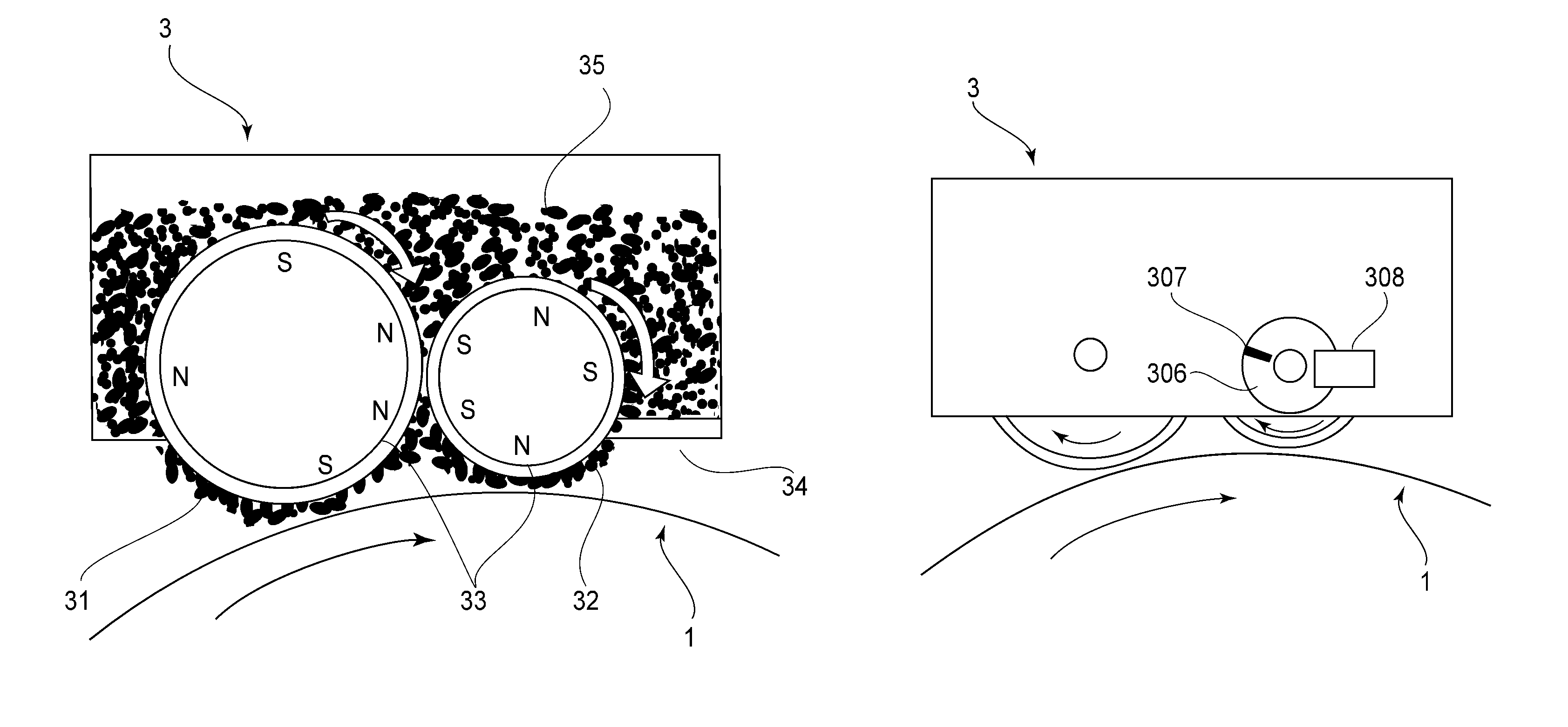 Image forming apparatus featuring control voltages applied to magnetic particle carrying members