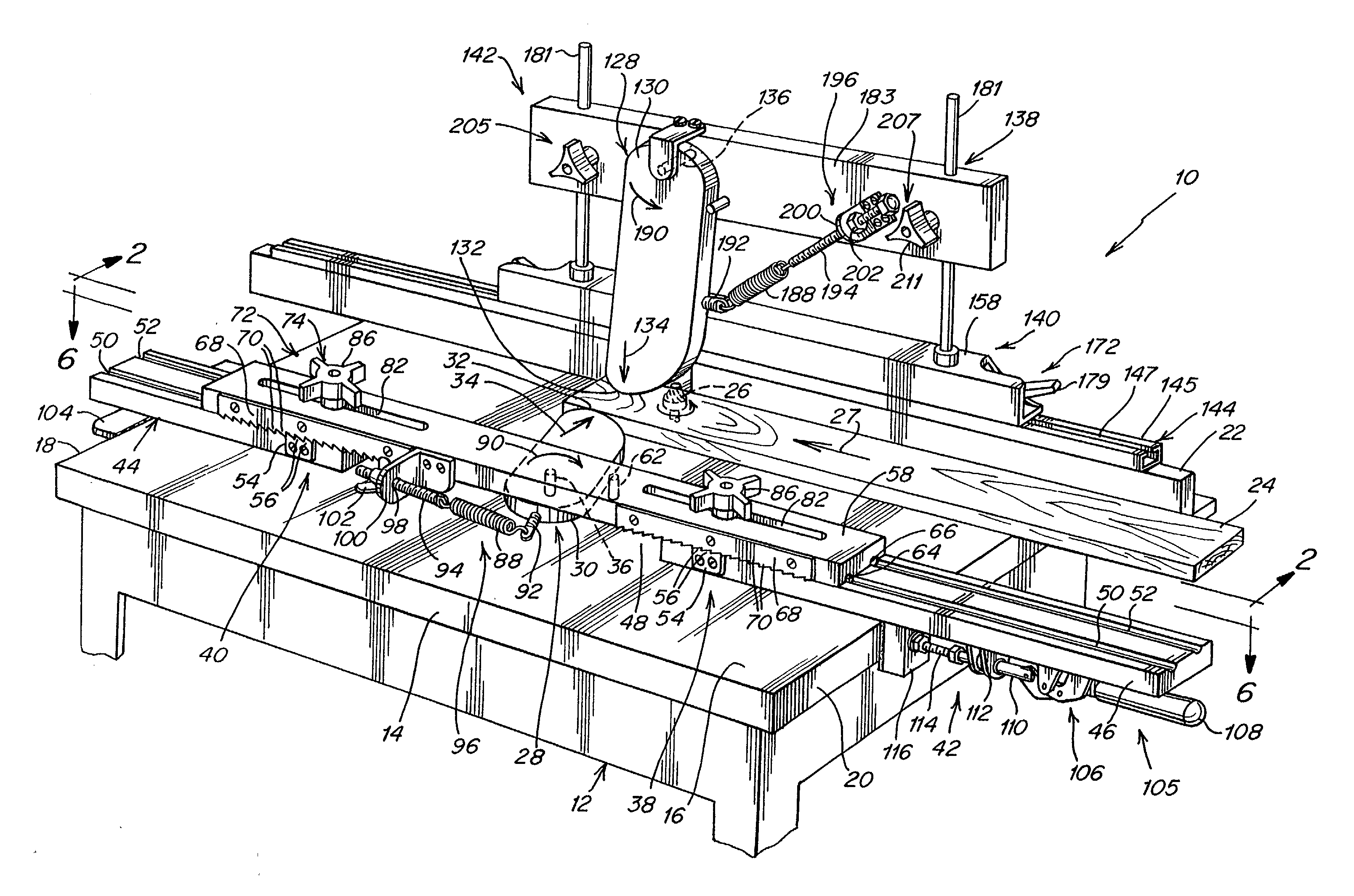 Combination workpiece positioning/hold-down and anti-kickback device for a work table