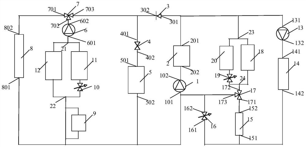 Electric vehicle motor battery cooling and heat pump cooling circulation system and operation method