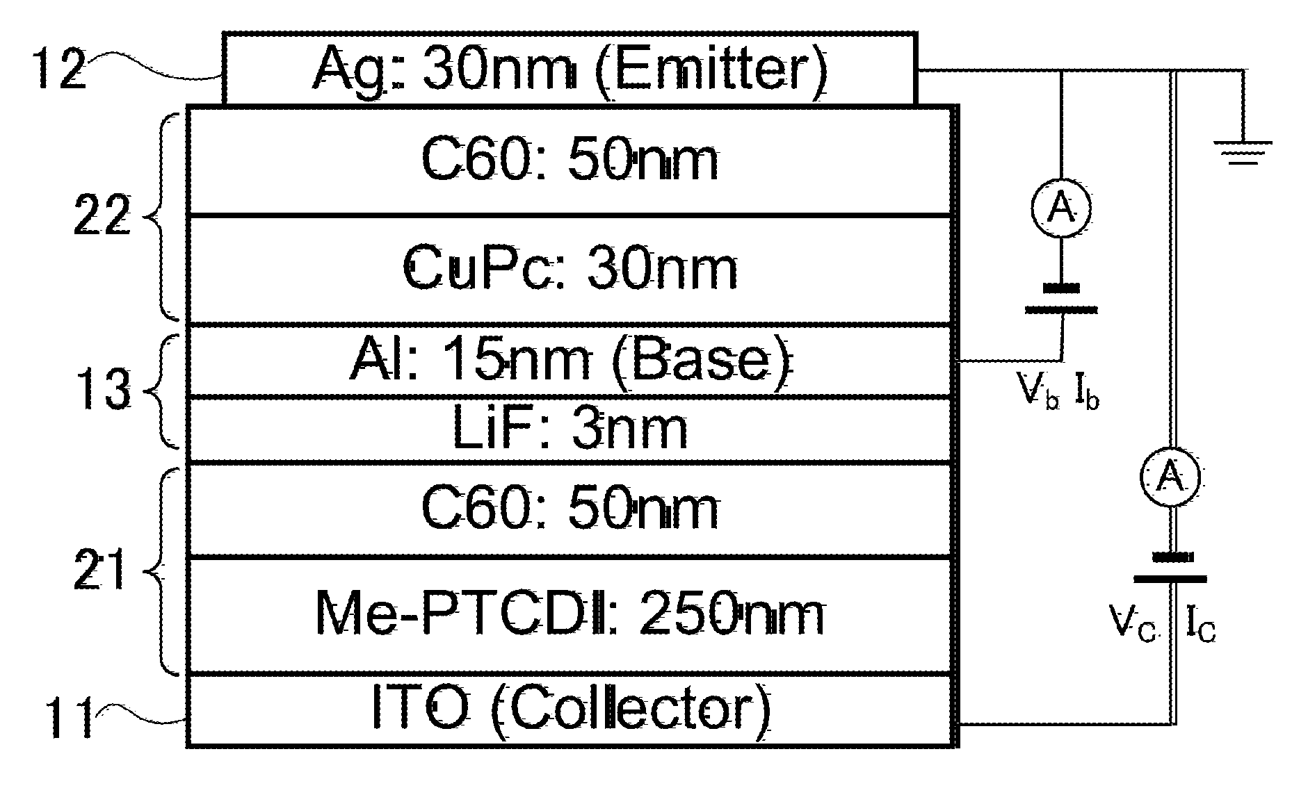 Current-amplifying transistor device and current-amplifying, light-emitting transistor device