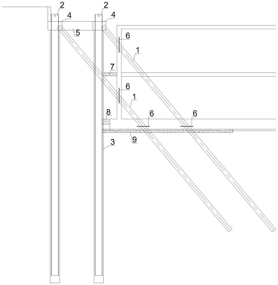 Foundation pit support system with firstly-supporting and secondly-digging construction method piles combined with inclined piles