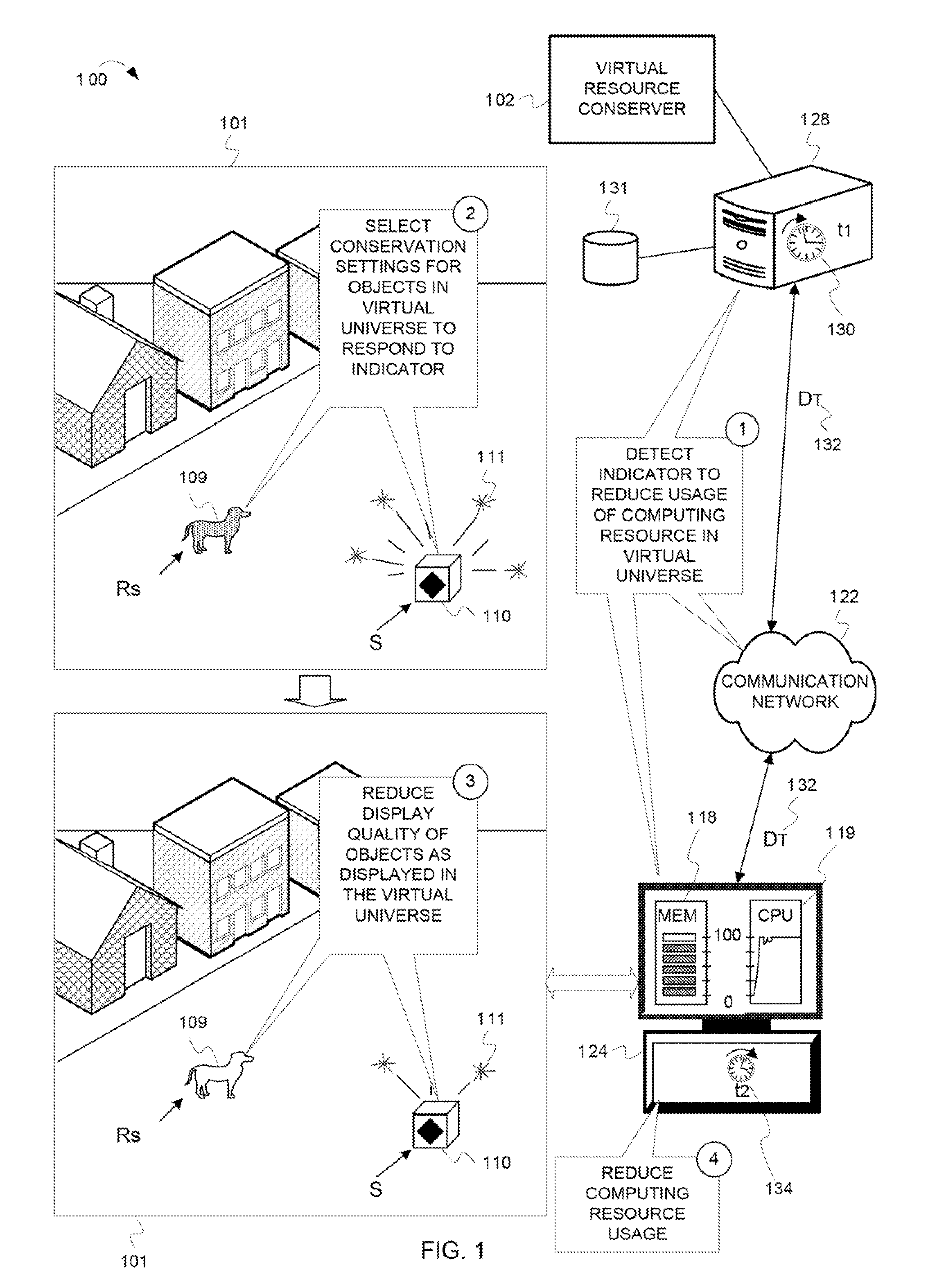 Reducing a display quality of an area in a virtual universe to conserve computing resources