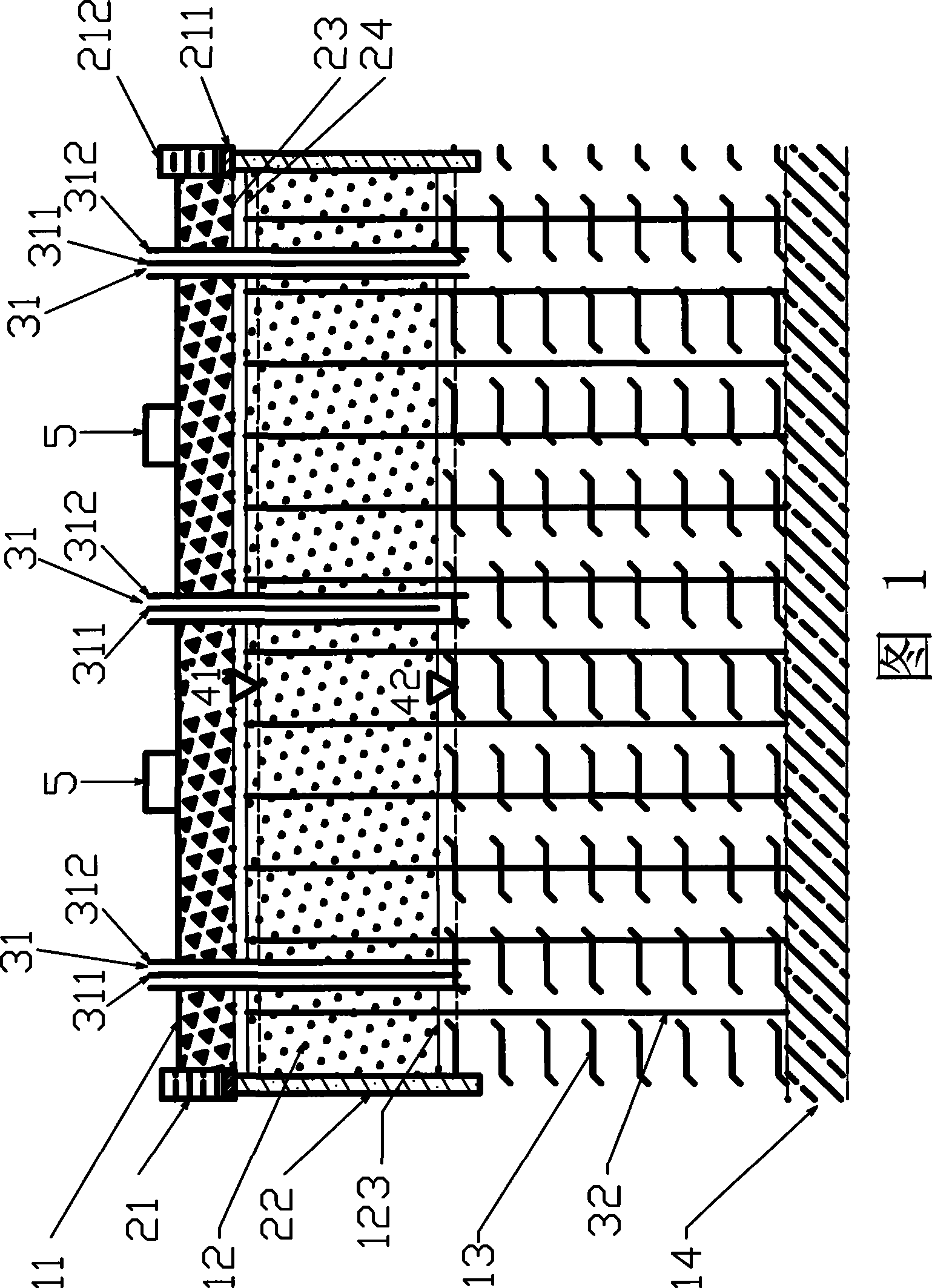 Blowing, filling, stacking , loading, precipitating, pre-pressing and strong tamping combined soft soil foundation treating method