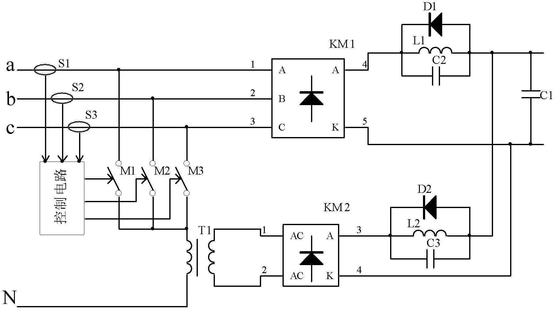 Three-phase rectifier circuit with low harmonic wave continuous input current