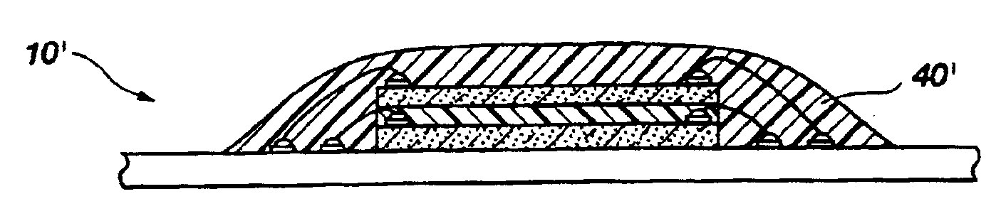 Assemblies including stacked semiconductor devices separated a distance defined by adhesive material interposed therebetween, packages including the assemblies, and methods