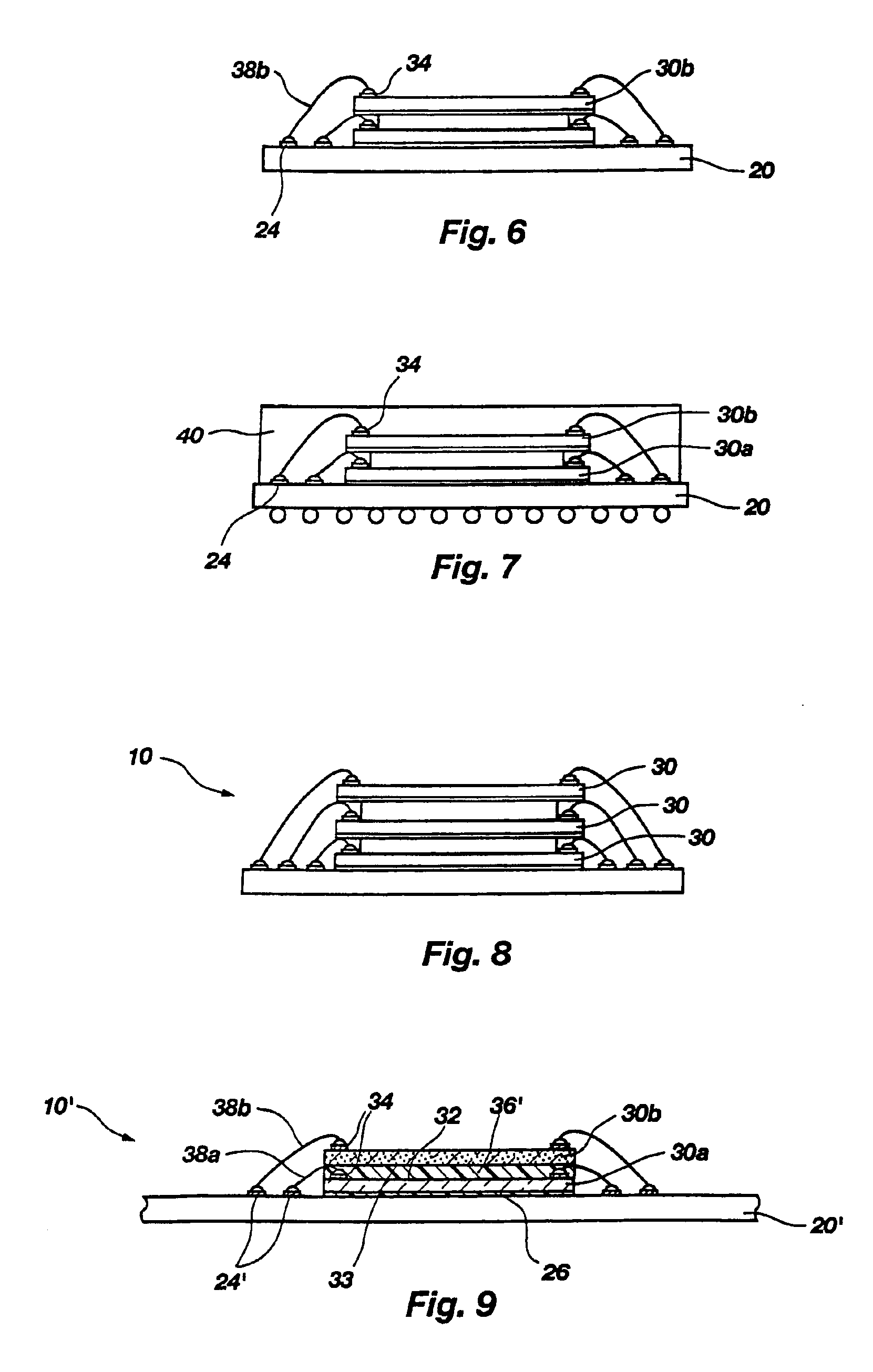 Assemblies including stacked semiconductor devices separated a distance defined by adhesive material interposed therebetween, packages including the assemblies, and methods