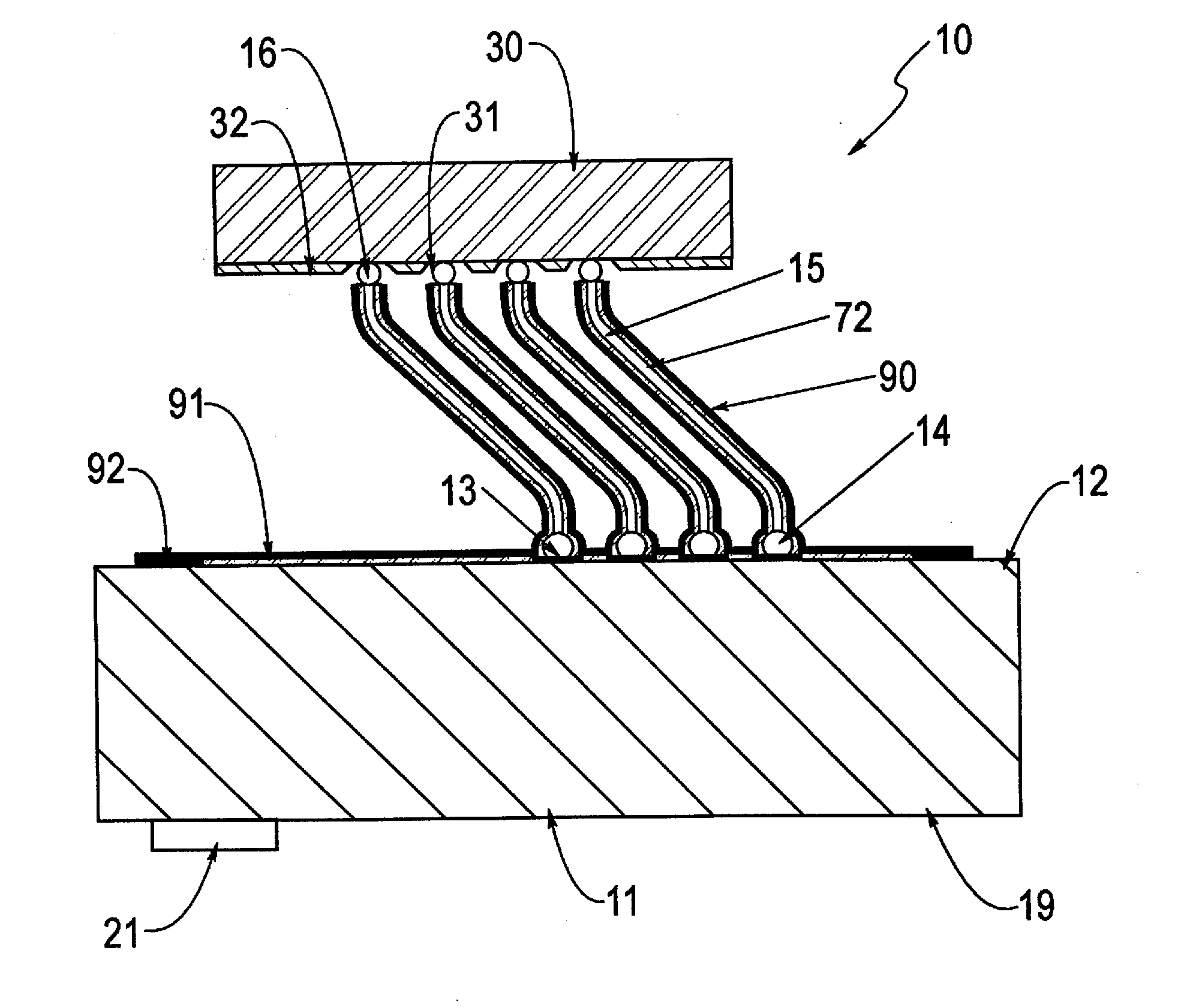 Probe structure coaxial elongated electrical conductor projecting from a support surface, apparatus for use thereof and methods of fabrication thereof