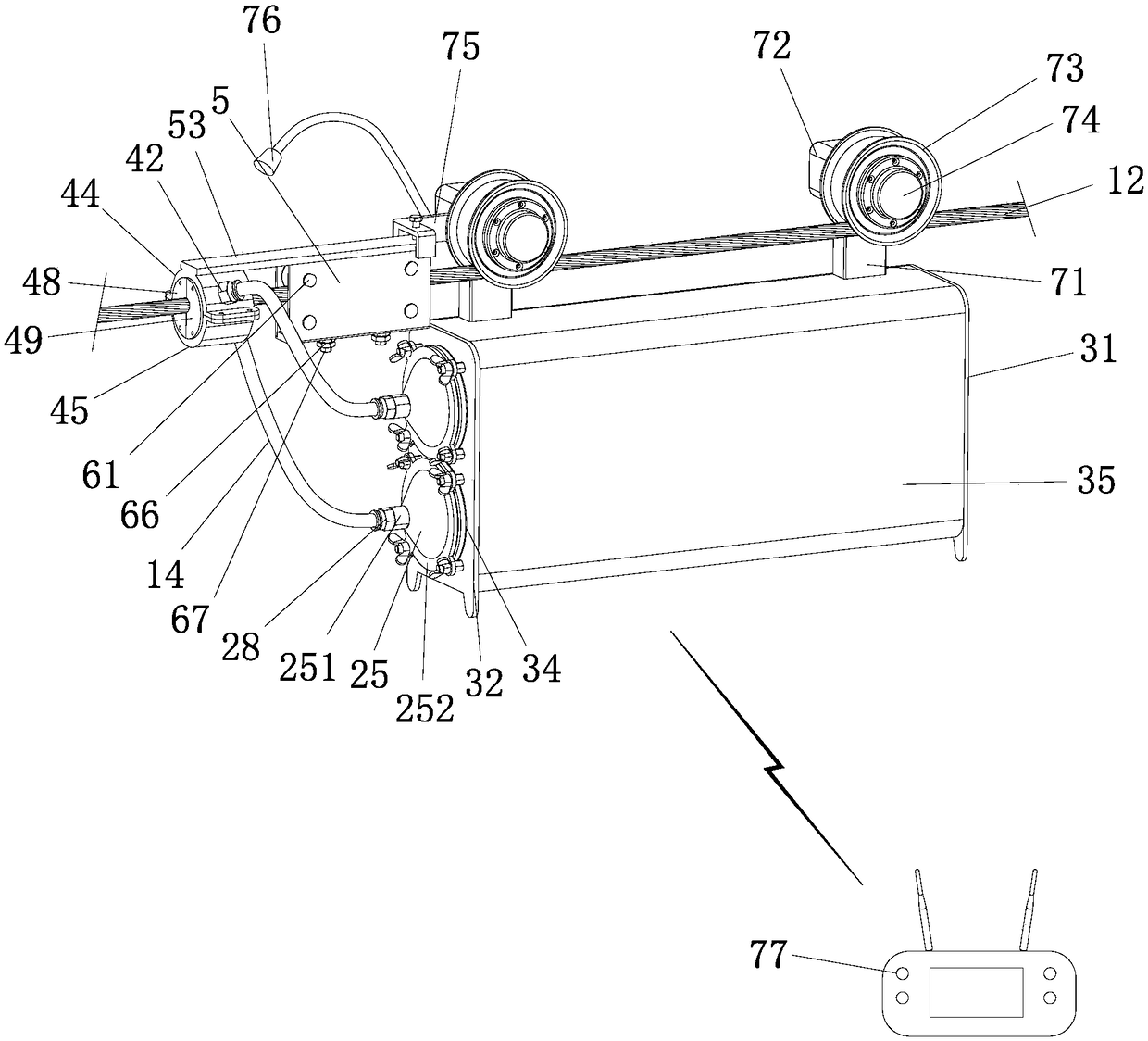 Insulated construction robot used for suspending un-insulated conductor