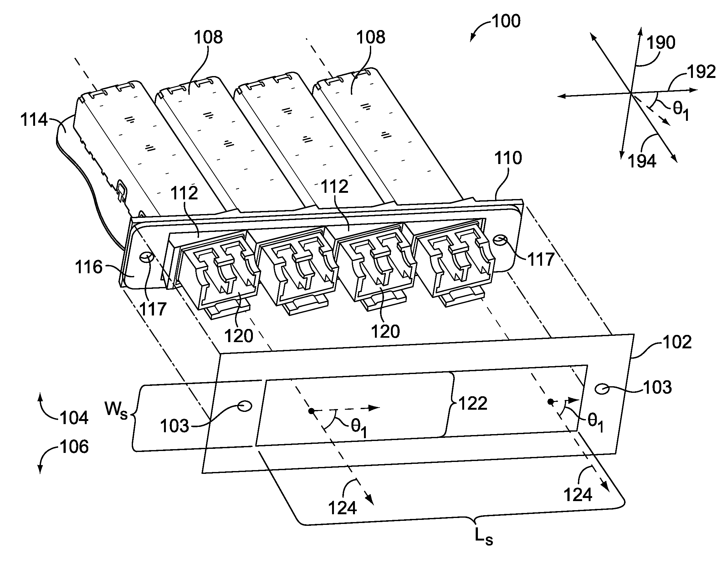 Brackets and receptacle assemblies with angled ports