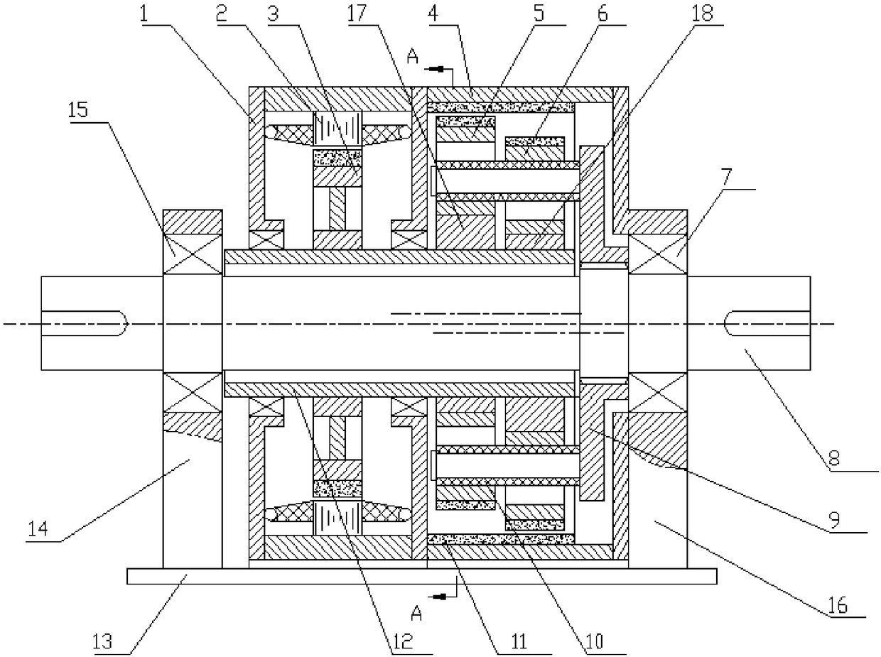 Coaxial two-terminal output integrated permanent magnet transmission device