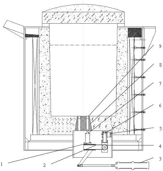 Left wheel popup box type porous pull-down plug graphite water gap device of electromagnetic slag smelter