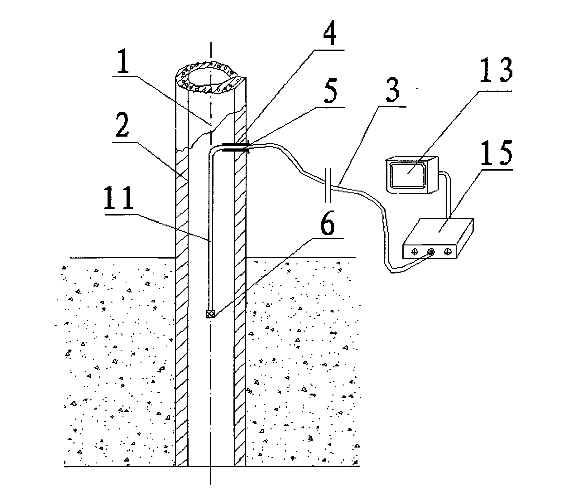 Nondestructive examination device and method of crack defects of inner surface of underground foundation embedded section of electric pole