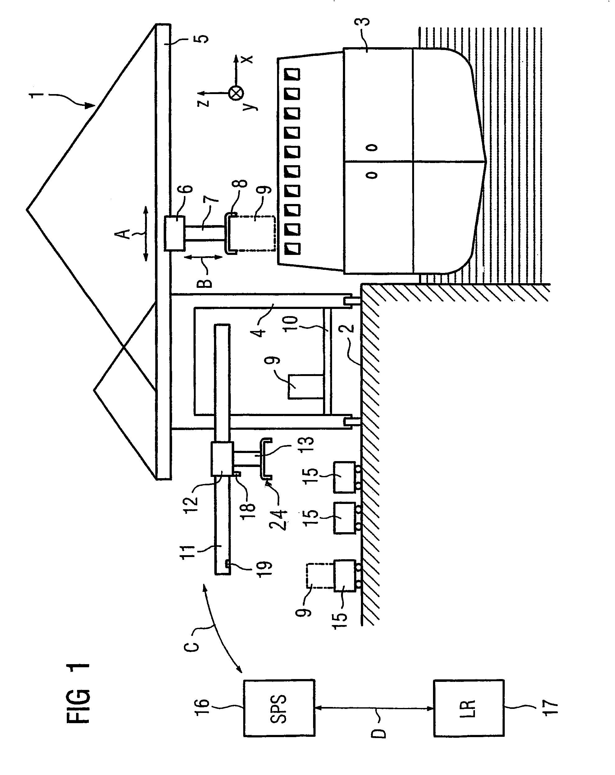 Container crane, and method of determining and correcting a misalignment between a load-carrying frame and a transport vehicle