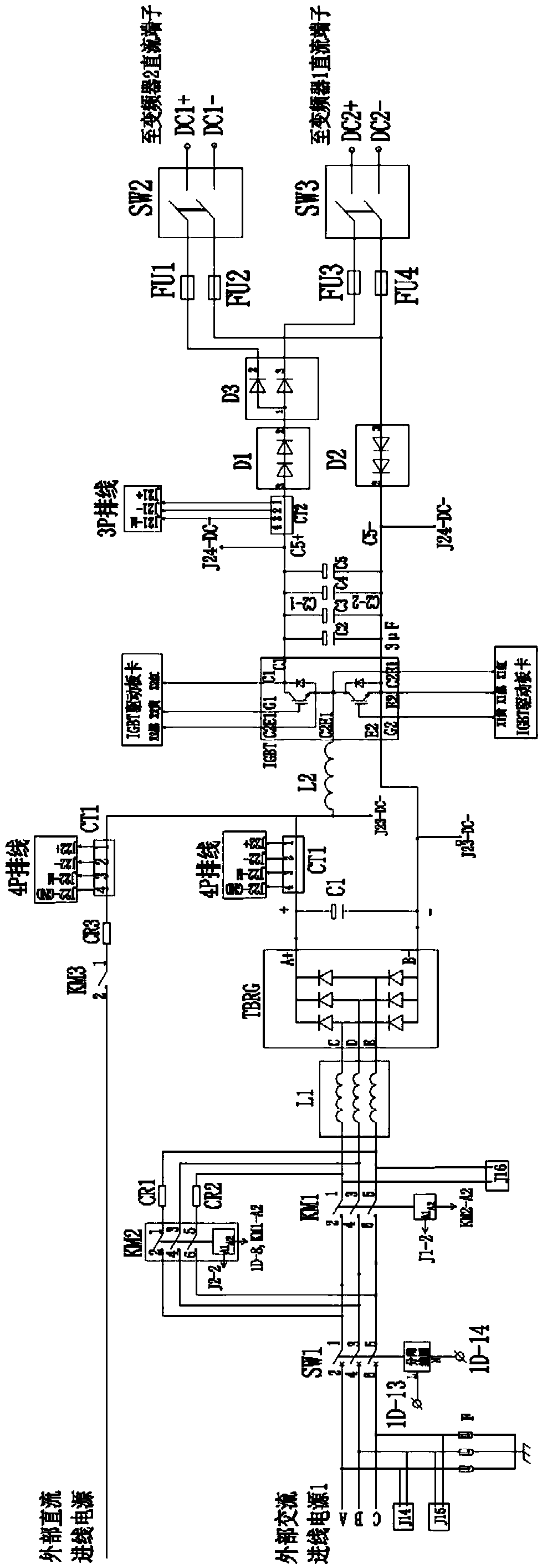 Low-voltage ride-through device for AC and DC input dual-backup thermal power plant inverters