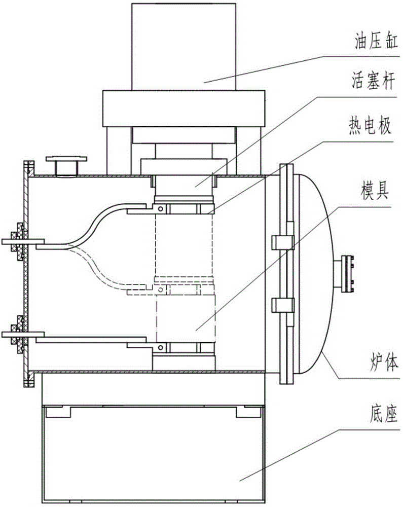 A connection structure between the thermal electrode of the vacuum hot pressing sintering furnace and the piston head of the hydraulic cylinder