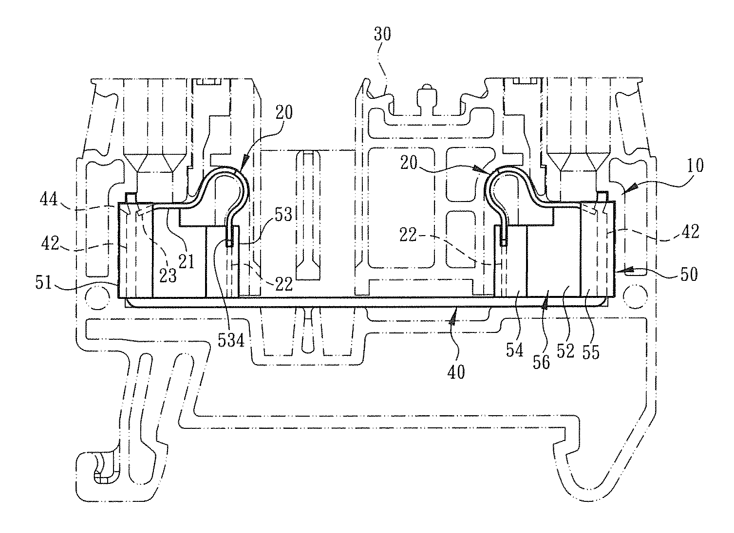 Conductive wire connection structure of rail-type electrical terminal