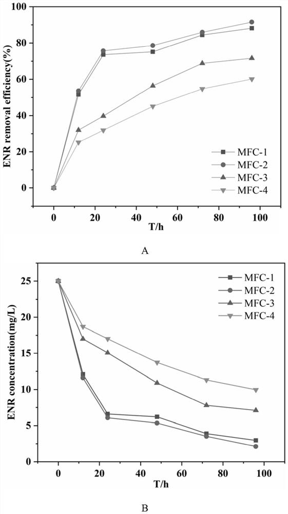 Method for reducing and degrading enrofloxacin by using biological cathode co-metabolism system