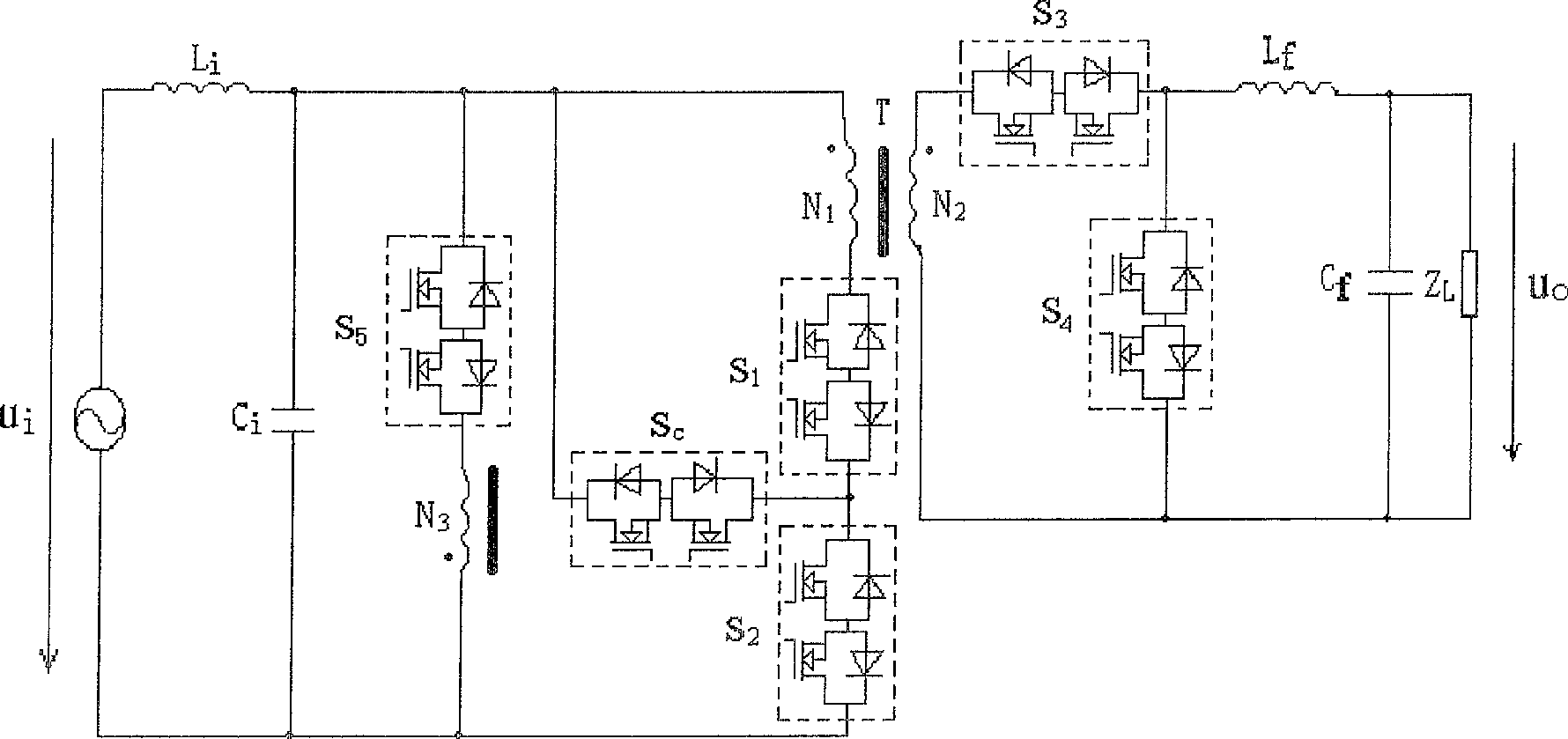 AC-AC three level AC-AC converter based on positive converter