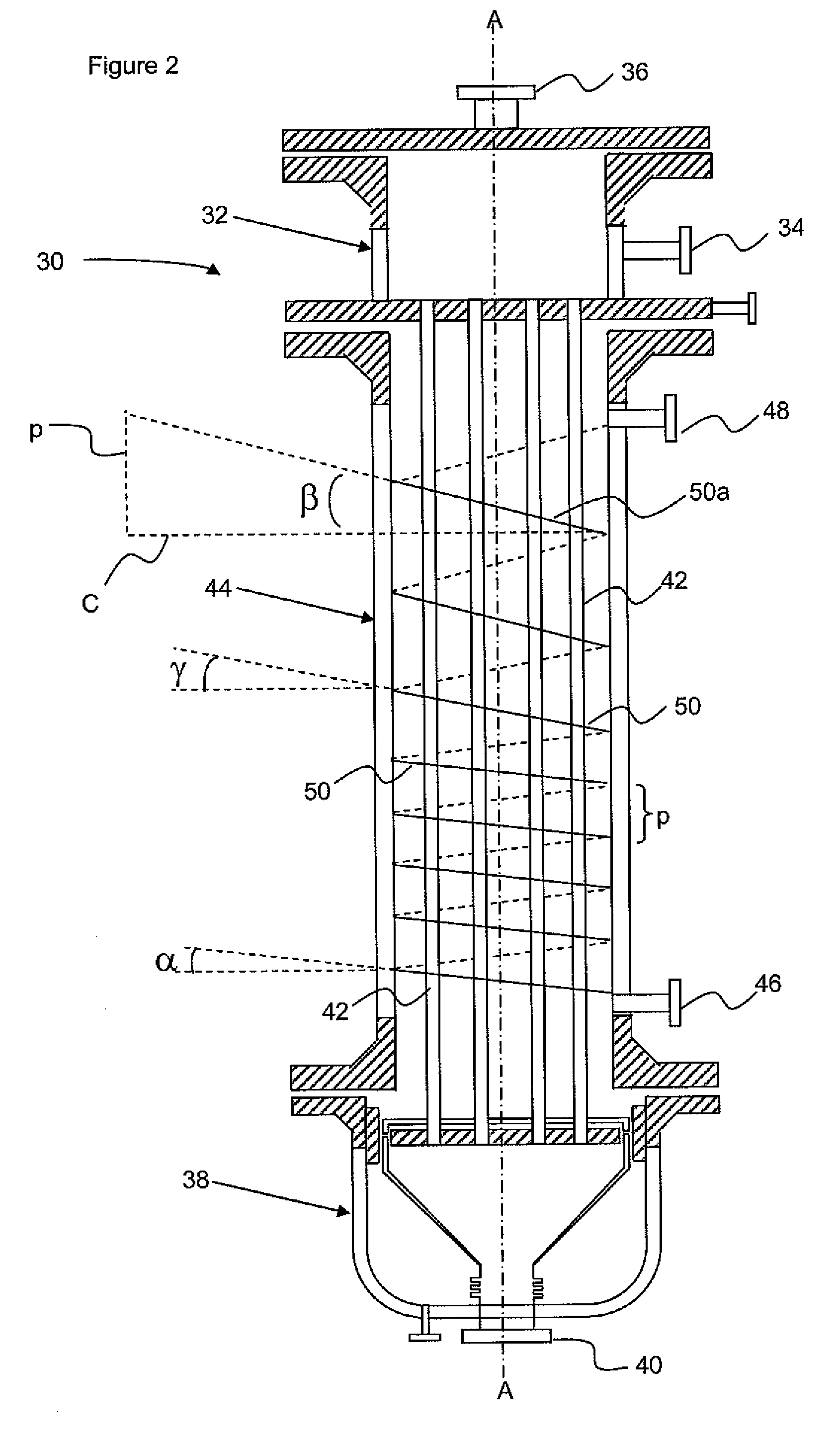 Vertical combined feed/effluent heat exchanger with variable baffle angle