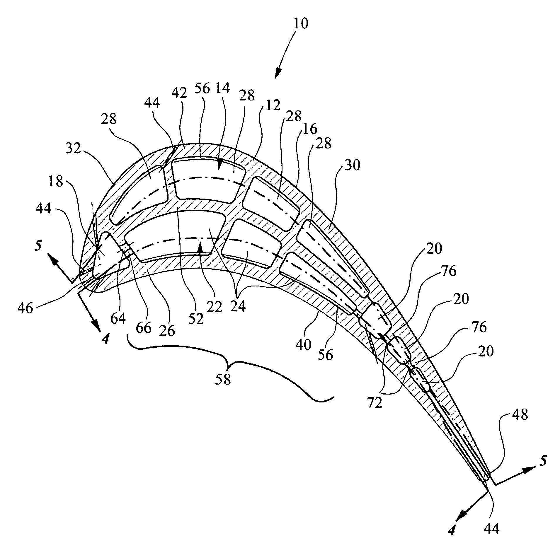 Turbine blade cooling system with bifurcated mid-chord cooling chamber