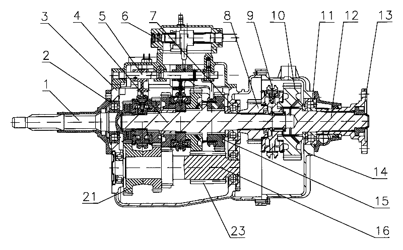 Light-duty automotive transmission with main box and secondary box