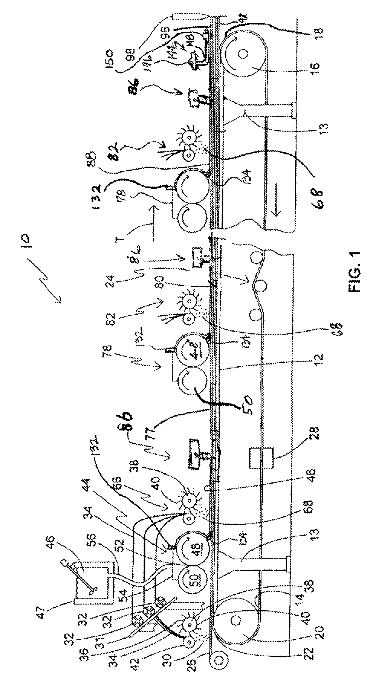 Embedment device for fiber reinforced structural cementitious panel production